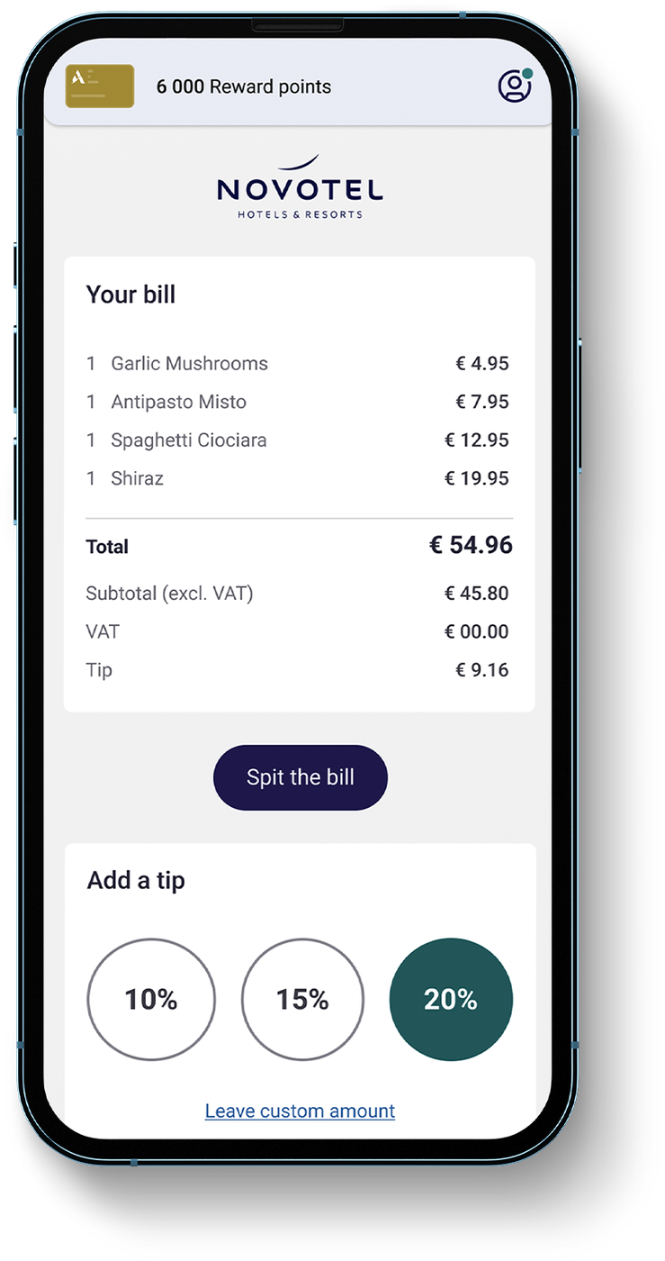 FETCH bill and tip screen shown on a mobile phone