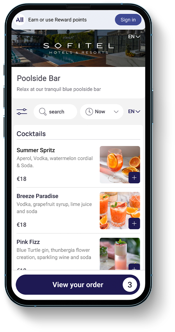 FETCH digital menu for a poolside bar shown on a mobile phone